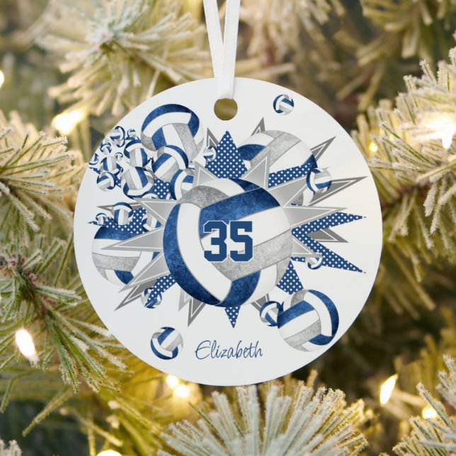 girls blue gray volleyballs stars keepsake metal ornament (Insitu)