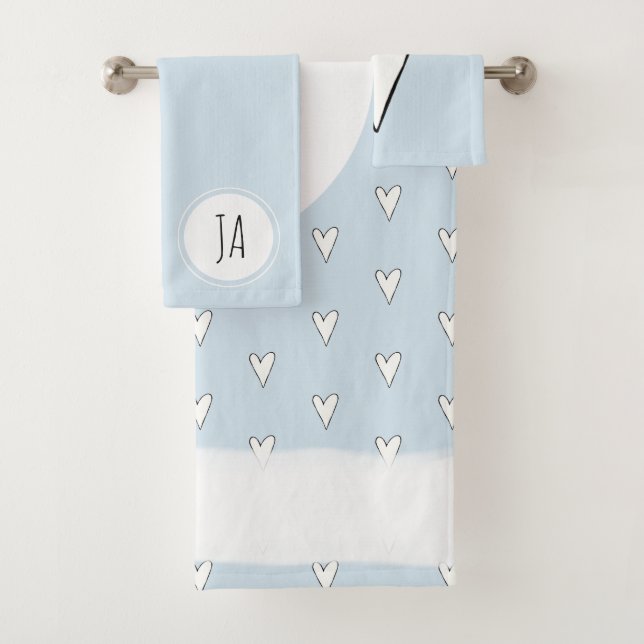Girl's Blue Heart Doodle Pattern Monogram Simple Bath Towel Set (Insitu)