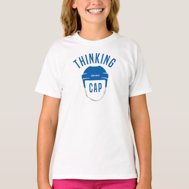 Girls Blue Hockey Helmet Thinking Cap T-Shirt (Front)