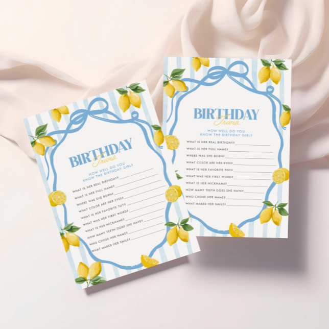Girls Blue Lemon Amalfi 1st Birthday Trivia Game Note Card (Creator Uploaded)