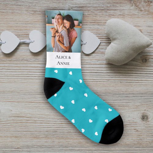 Girls Blue Pattern With White Heart Valentines Day Socks