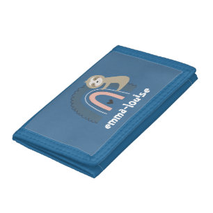 Girl's Blue Sloth Rainbow Name Kid's Tri-fold Wallet