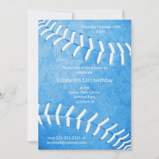 girls blue softball birthday or team party invitation