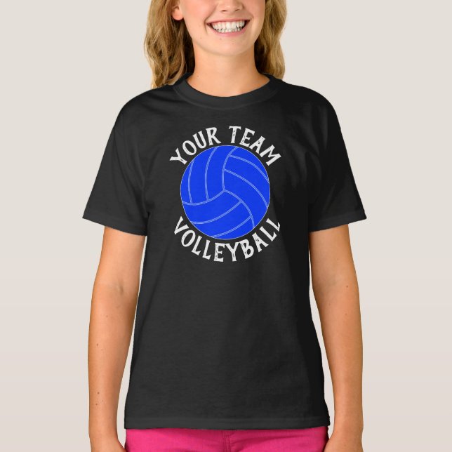 Girls Blue Volleyball Custom Team, Player & Number T-Shirt (Front)