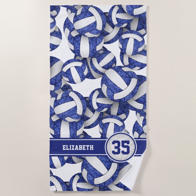 girls blue white volleyballs pattern personalized beach towel (Front)