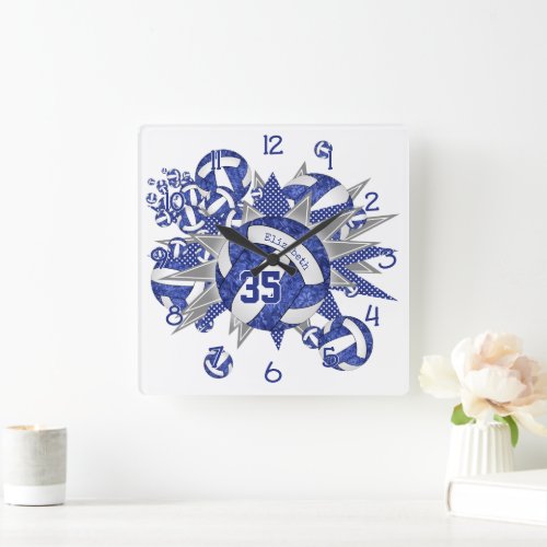 girls blue white volleyballs stars custom name square wall clock