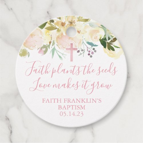 Girls Blush Floral Faith Plants the seeds Baptism Favor Tags