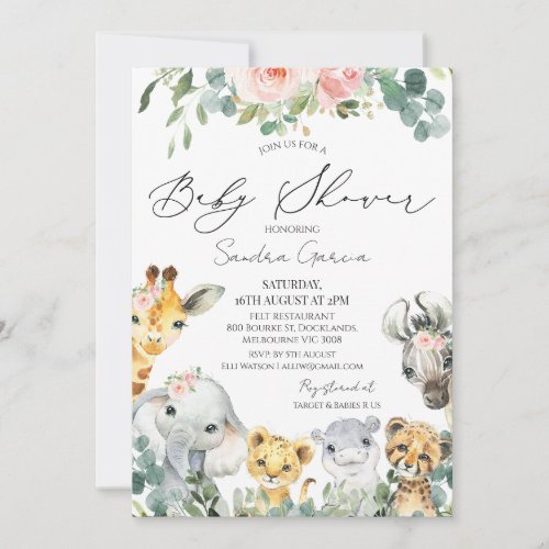 Girls Blush Floral Foliage Safari Baby Shower Invitation