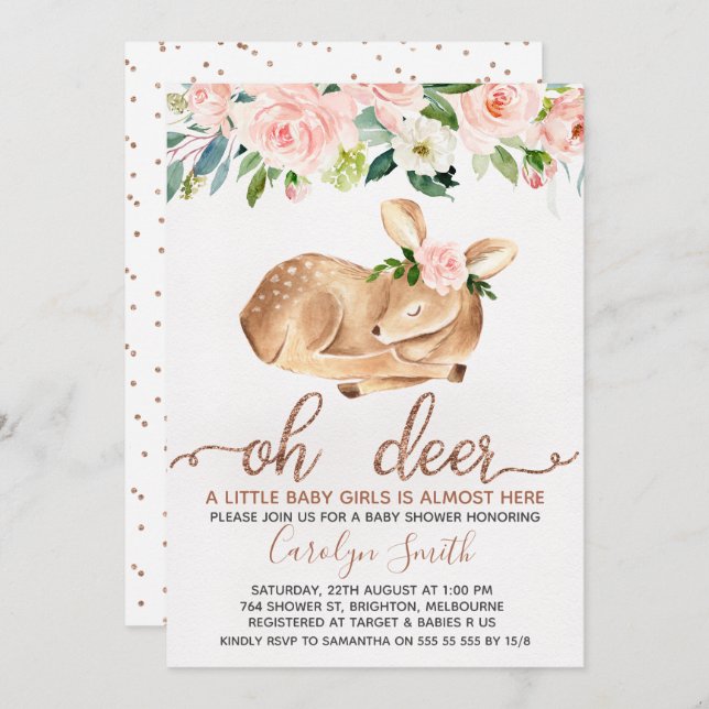 Girls Blush Floral Oh Deer Baby Shower Invitation (Front/Back)