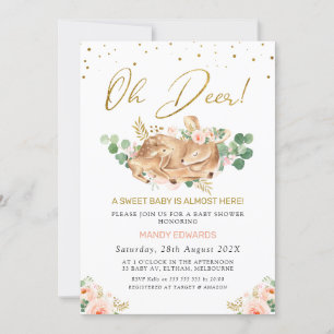 Girls Blush Floral Oh Deer Deer Fawn Baby Shower Invitation