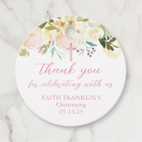 Girls Blush Floral Thank You Baptism Communion Favor Tags