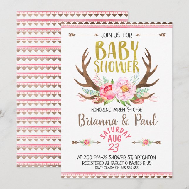 Girls Boho Floral Antlers Baby Shower Invitation (Front/Back)