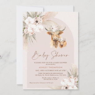 Girls Boho Floral Arch Highland Cow Baby Shower Invitation