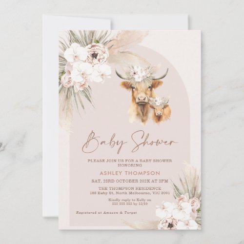 Girls Boho Floral Arch Highland Cow Baby Shower Invitation