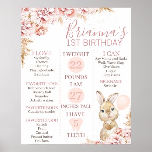 Girls Boho Floral Bunny 1st Birthday Milestone Poster