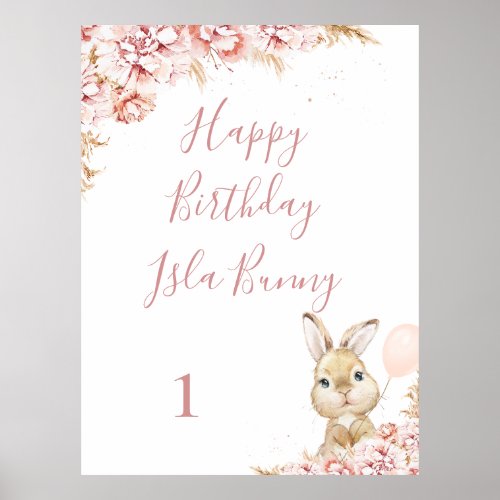 Girls Boho Floral Bunny 1st Birthday Sign