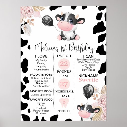 Girls Boho Floral Cow 1st Birthday Milestone Poster