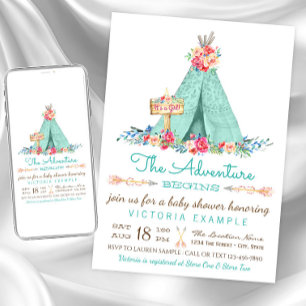 Girls Boho TeePee Baby Shower Invitations