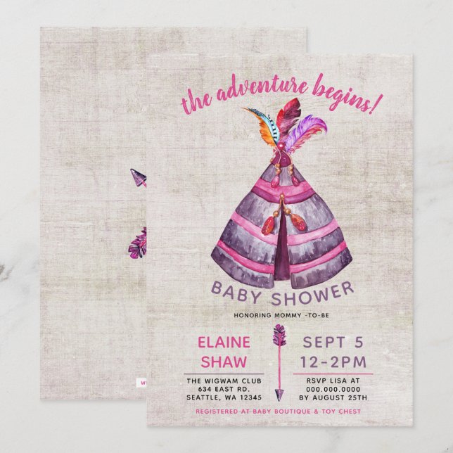 Girls Boho TeePee Baby Shower Invitations (Front/Back)