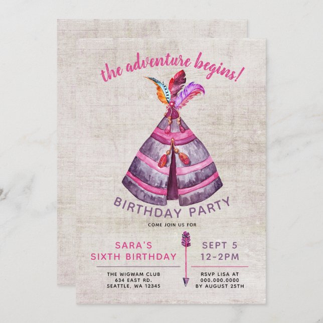 Girls Boho TeePee Birthday Invitations (Front/Back)