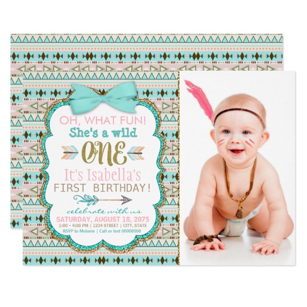 Girls Boho Tribal Wild One 1st Birthday Party Invitation