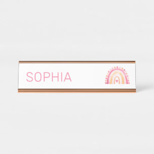 Girls Boho Watercolor Rainbow in Pink personalized Desk Name Plate