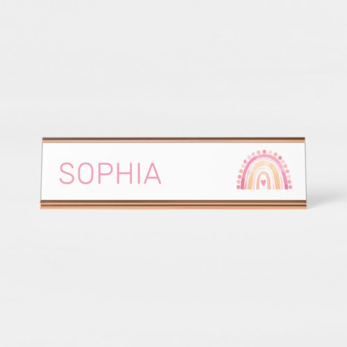 Girls Boho Watercolor Rainbow in Pink personalized Desk Name Plate