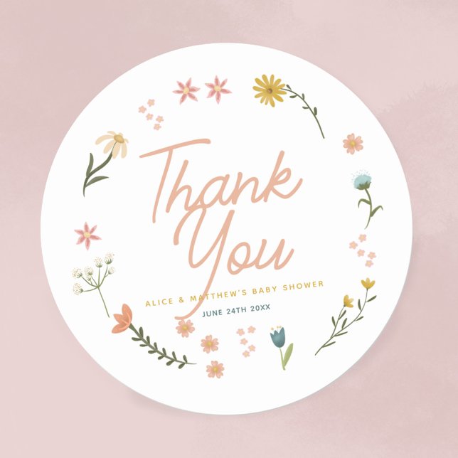 Girls Boho Wildflower Pink Baby Shower Favor Classic Round Sticker (Creator Uploaded)