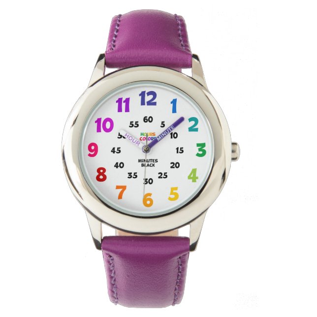 Girls Bold Number Purple Learn to Tell Time Watch (Front)