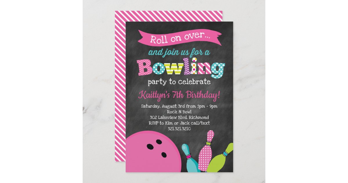 Bowling Pizza & Arcade Birthday Invitation Girl/pink Colors 