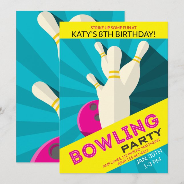 Girl's Bowling Birthday Party Invitation (Front/Back)