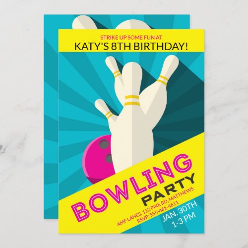 Girls Bowling Birthday Party Invitation