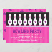 Girls bowling birthday party invitation with pins (Front/Back)