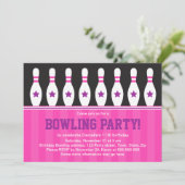 Girls bowling birthday party invitation with pins (Standing Front)