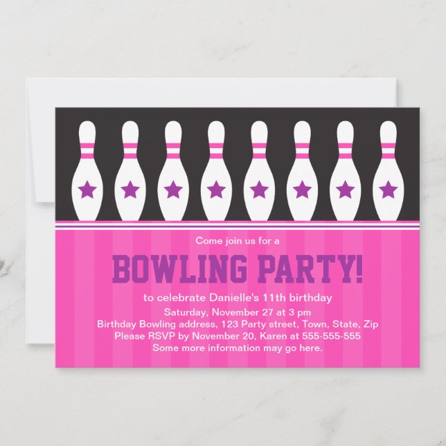 Girls bowling birthday party invitation with pins (Front)