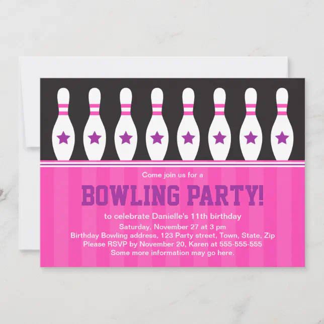 Girls bowling birthday party invitation with pins | Zazzle