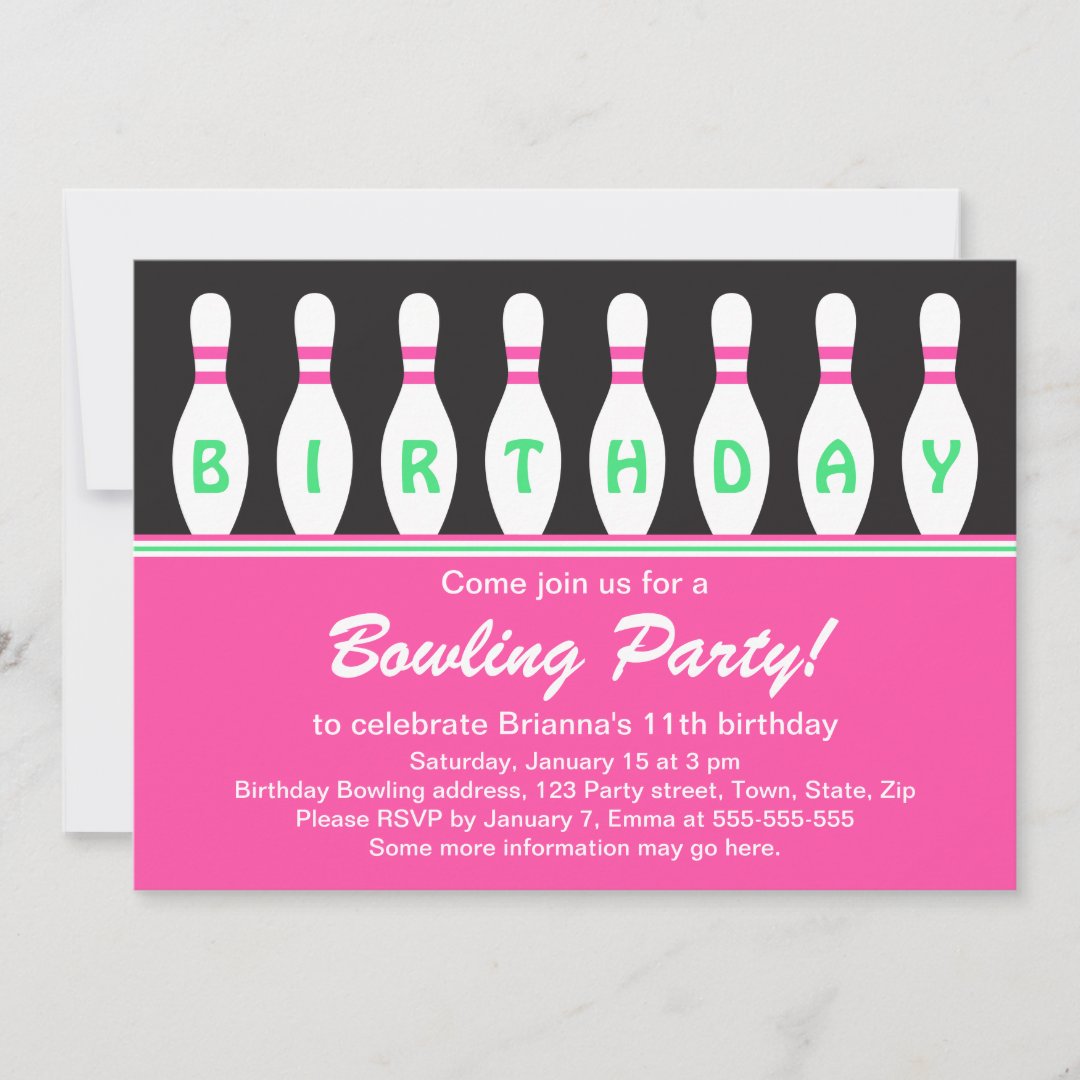 Girls bowling birthday party invitation with pins | Zazzle