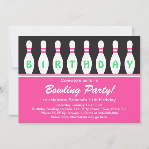 Girls bowling birthday party invitation with pins