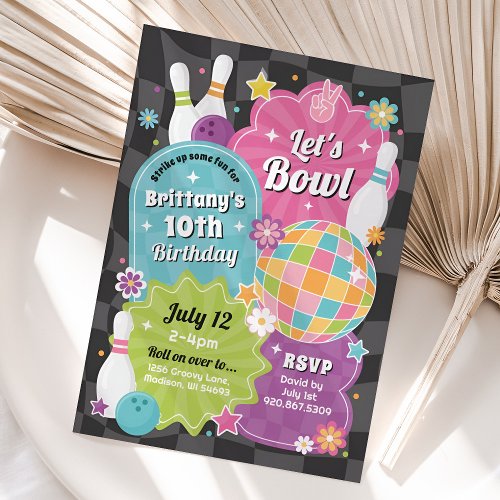 Girls Bowling Birthday Party Pink Retro Invitation