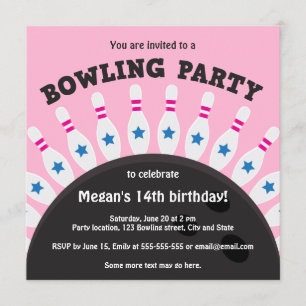 Girls bowling party invite with pins, pink version