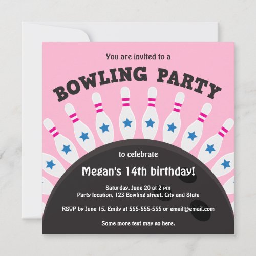 Girls bowling party invite with pins pink version