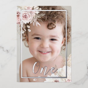 Girls / Boy Blush White Floral 1st Birthday Silver Foil Invitation