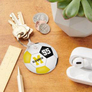 girls boys black gold team colors soccer ball keychain