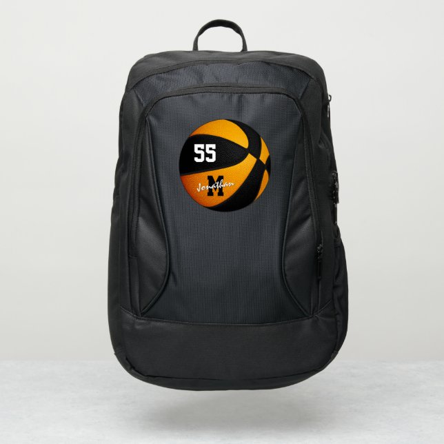 girls boys black orange basketball personalized port authority® backpack (Front)