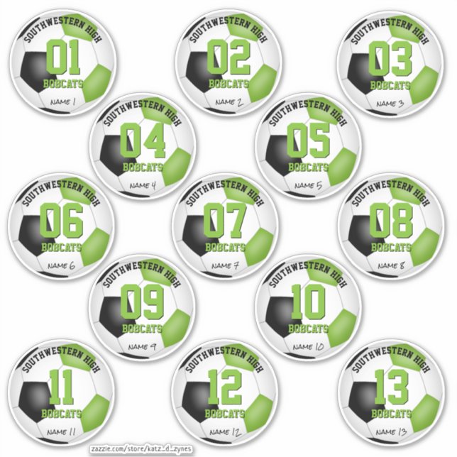 girls boys bright green black set of 13 soccer sticker (Front)