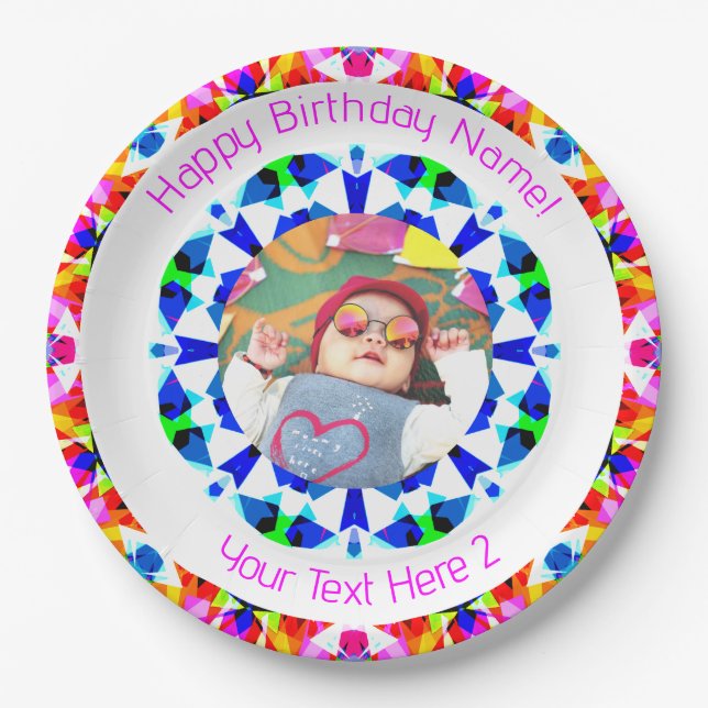 Girls Boys Happy Birthday Star Custom Age Photo Paper Plates (Front)