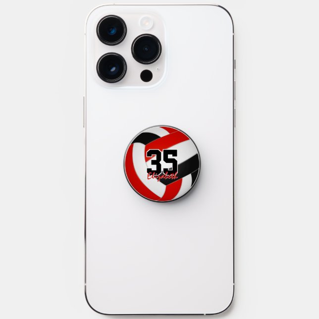 girls boys jersey number on red black volleyball PopSocket (Front)