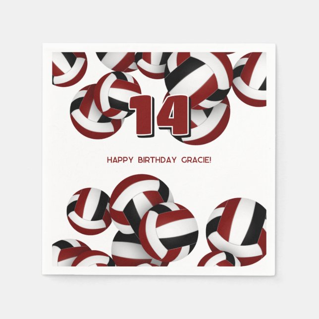 girls boys maroon black volleyballs birthday party napkins (Front)