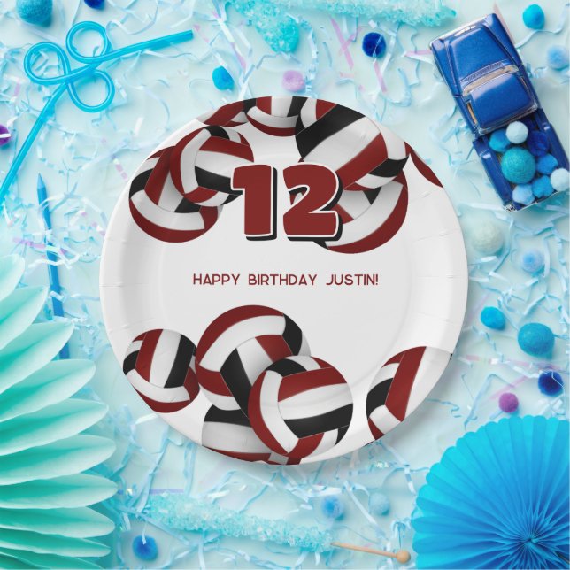 girls boys maroon black volleyballs birthday party paper plates (Party)