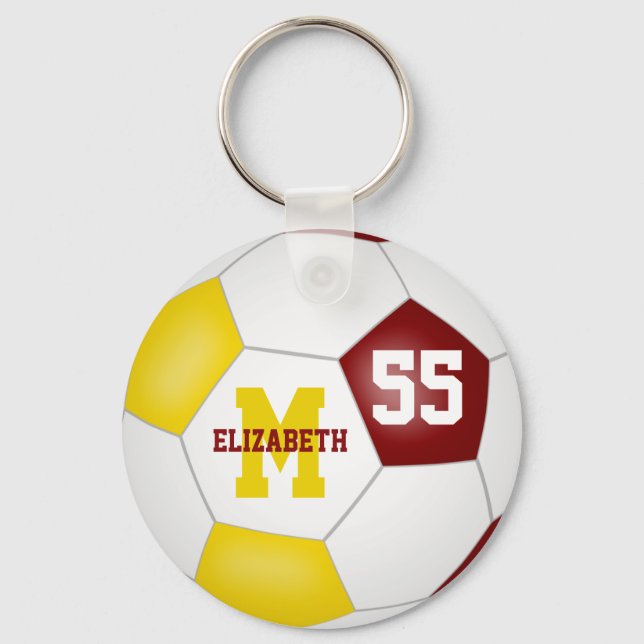 girls boys maroon gold team colors soccer ball keychain (Front)